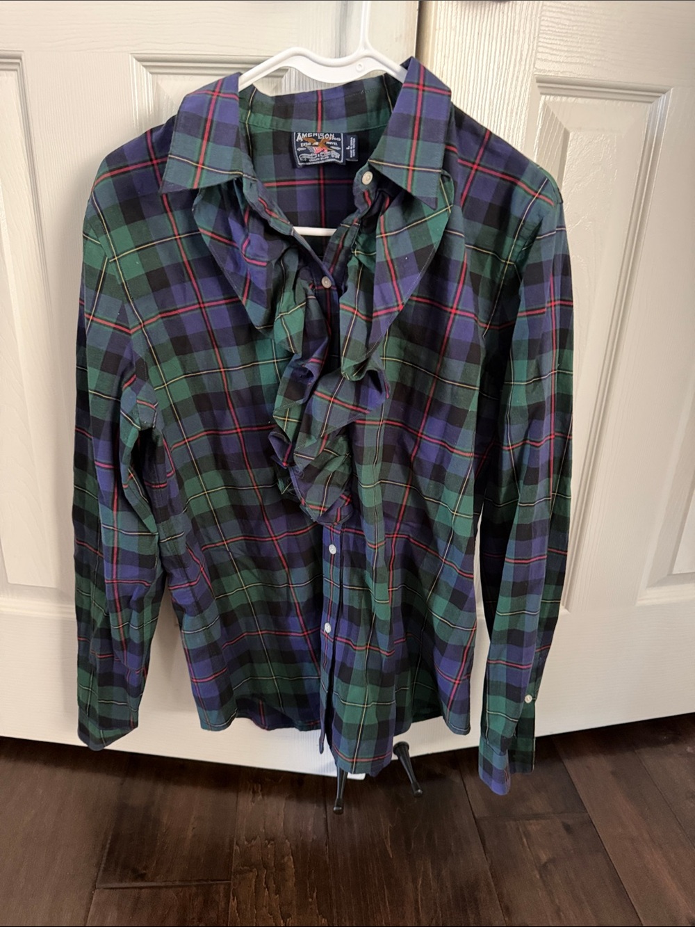 Vintage American Living Green and Blue Plaid Ruffle Front Button-Down Shirt
